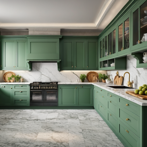 An AI generated image of a traditional green kitchen with marble worktops