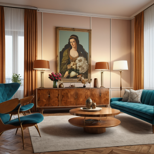 An AI generated image of a living room decorated in a mix of Mid Century and Rococco styles.