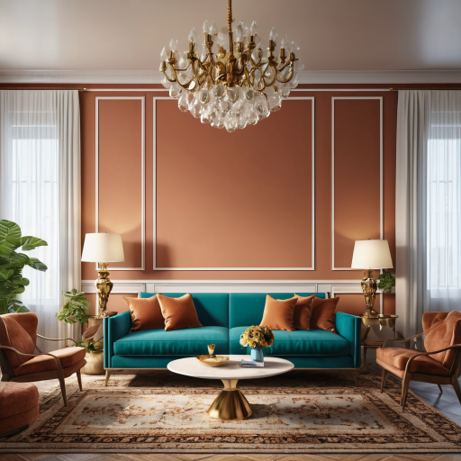An AI generated image of a living room decorated in a mix of Mid Century and Rococco styles.
