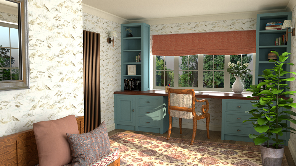 A 3d rendered image of our design for a home office using wallpaper with birds and blue built in bookcases and a desk