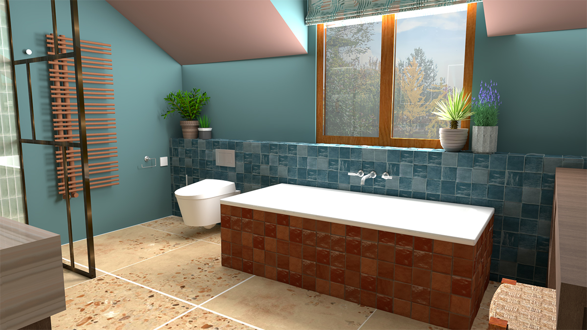 A rendered image that shows a bath and toilet in a bathroom with teal walls