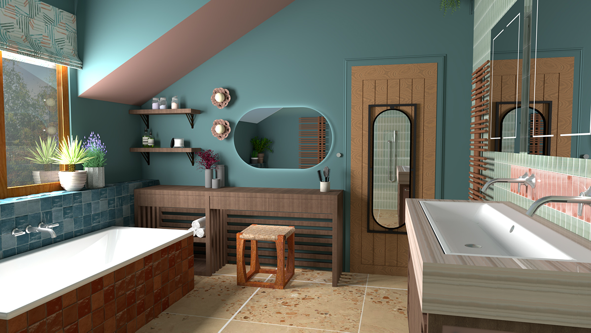 A rendered image showing a dark wooden dressing table 