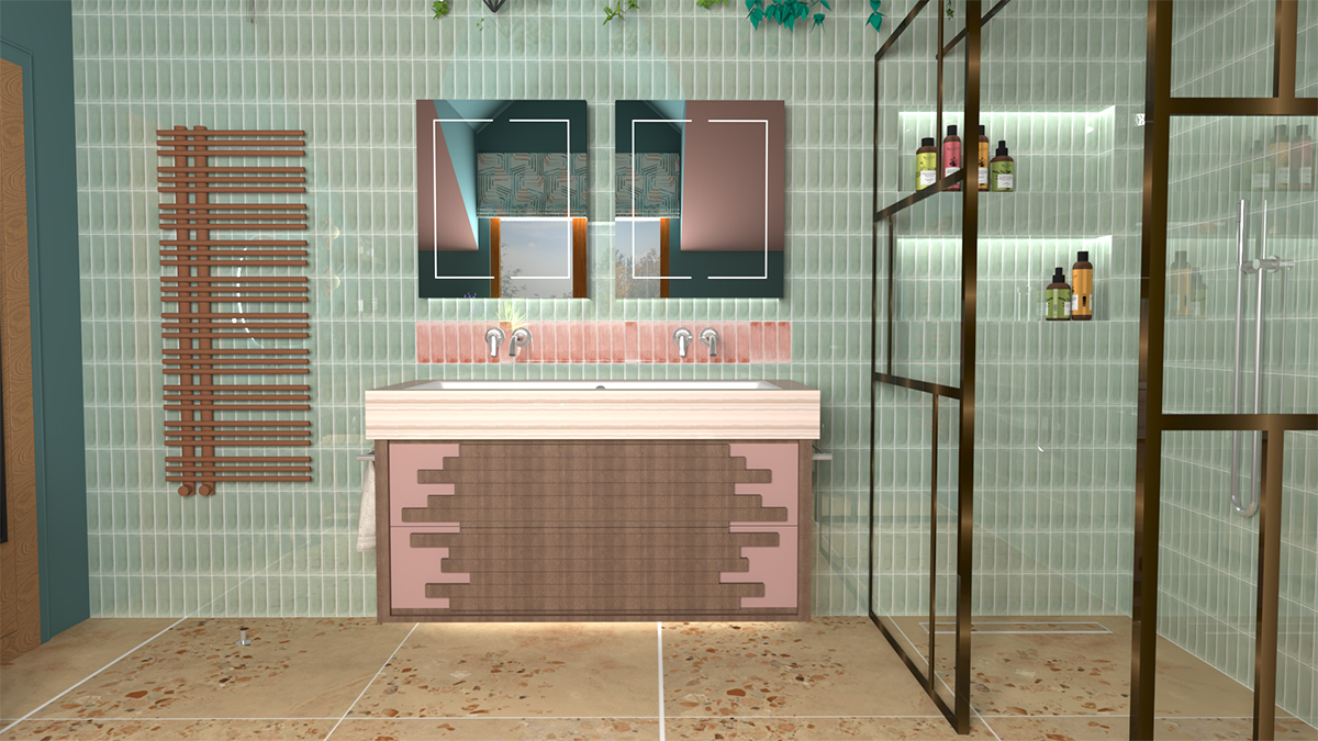 A rendered image of a bathroom with green tiled walls and a large sink 