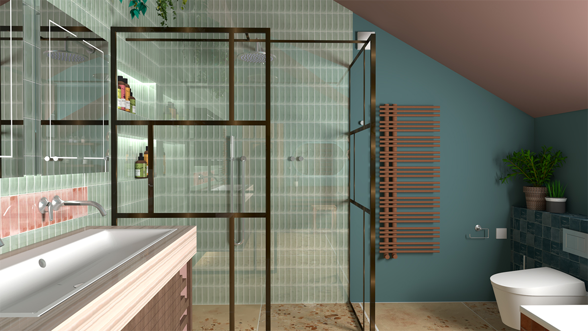 A rendered image of a walk in shower with green tiled walls 