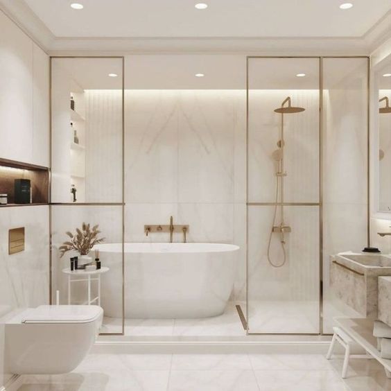 A pinterest image of a white bathroom where a bath and shower are behind the same screen