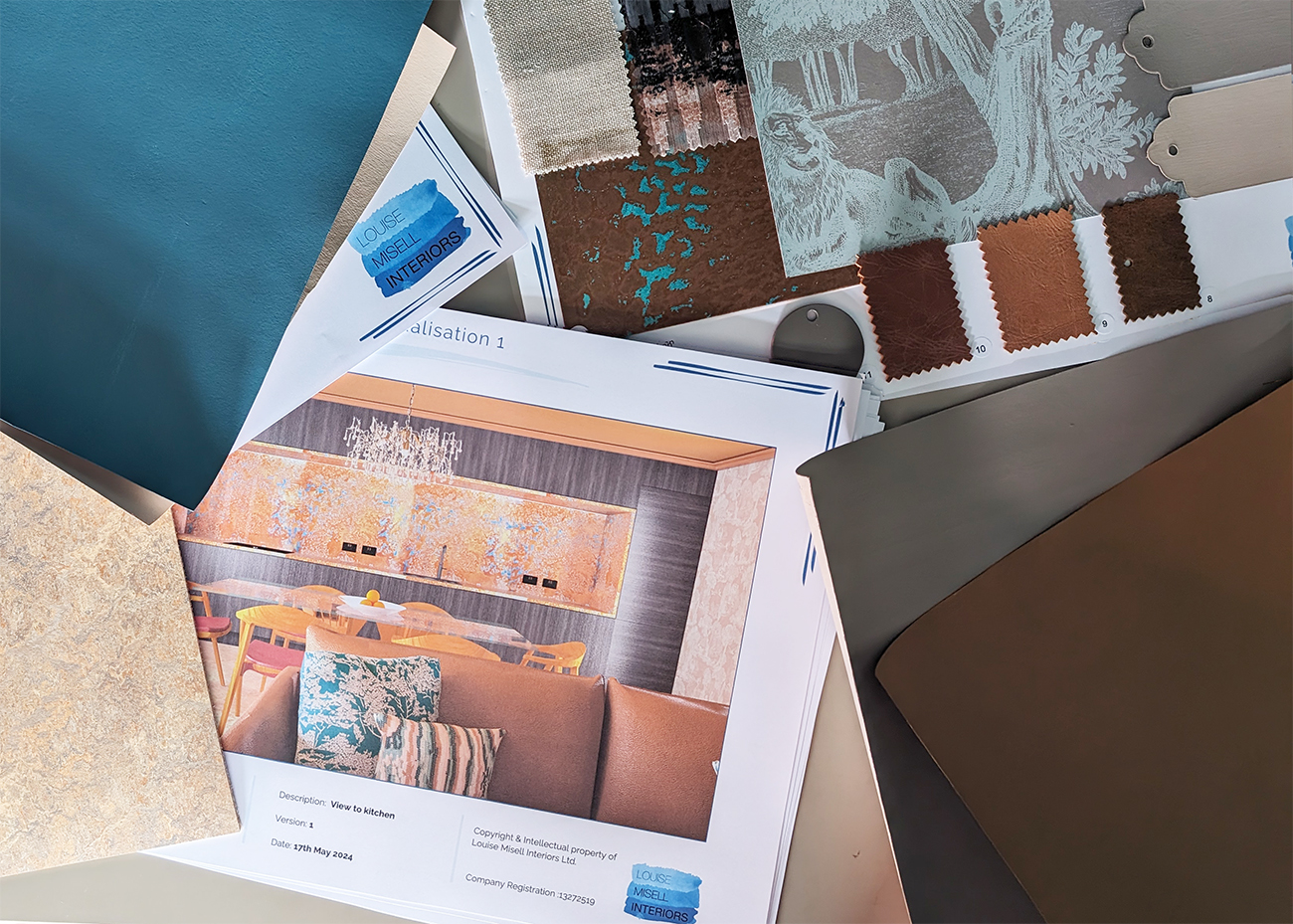 A photo of a design presentation with sample board and 3D renders.