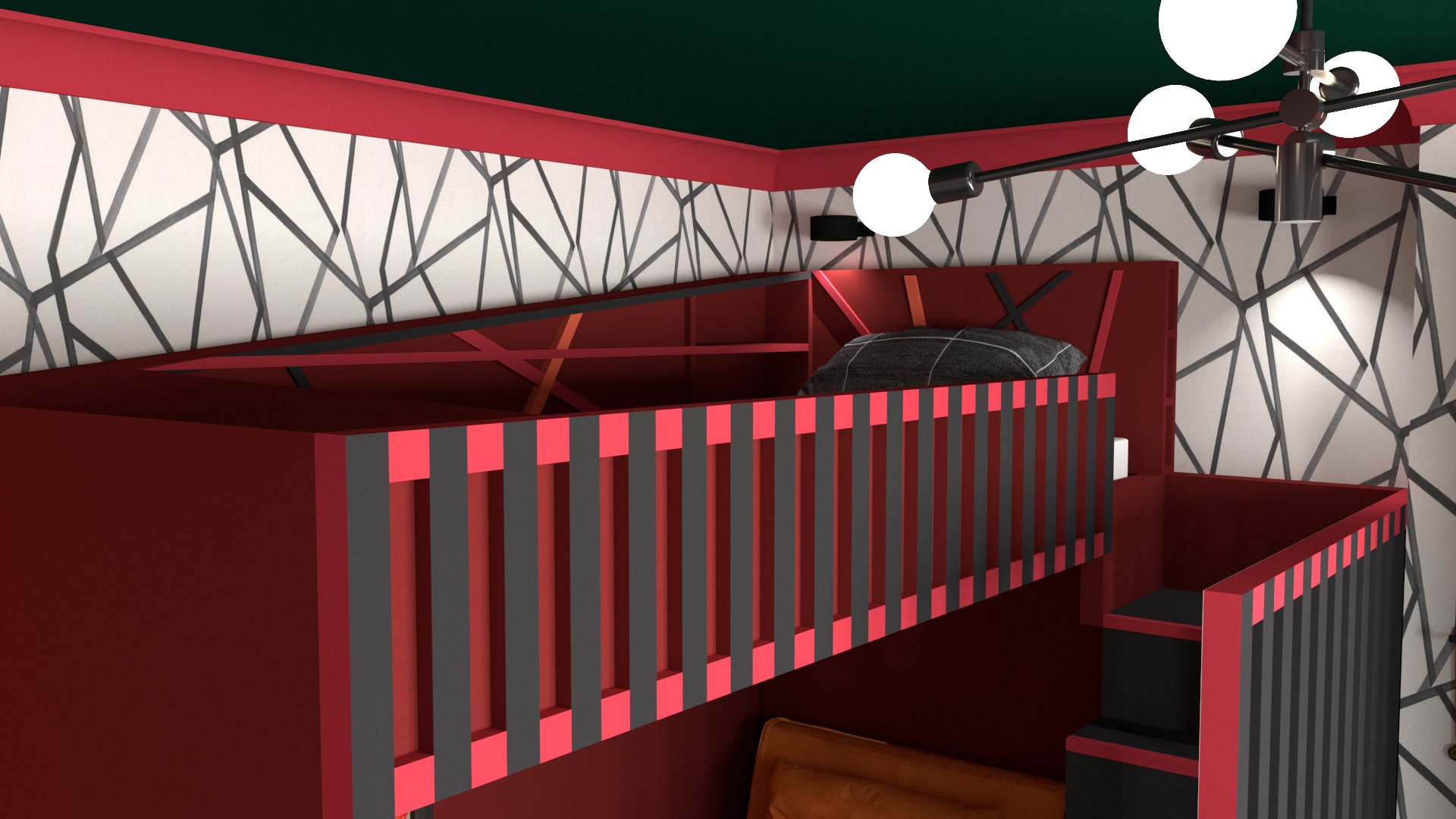 A render of a black and red cabin bed 