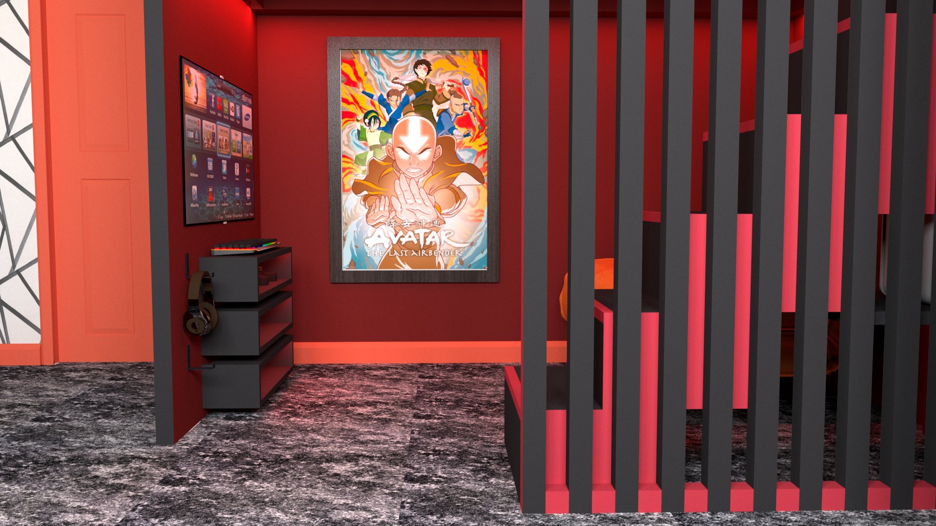 A render of a cabin bed with gaming area underneath and a Avatar poster 