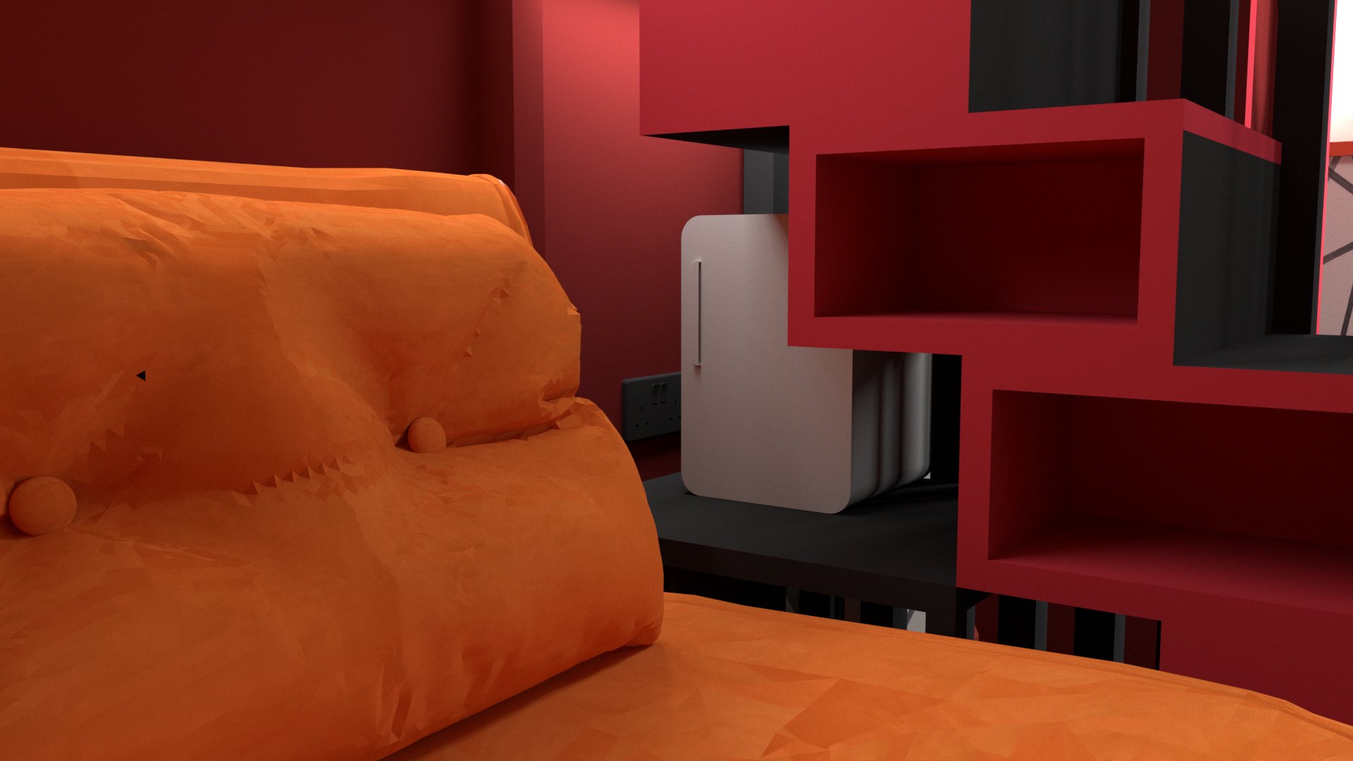 A render of an armchair with a mini fridge stored next to it. 