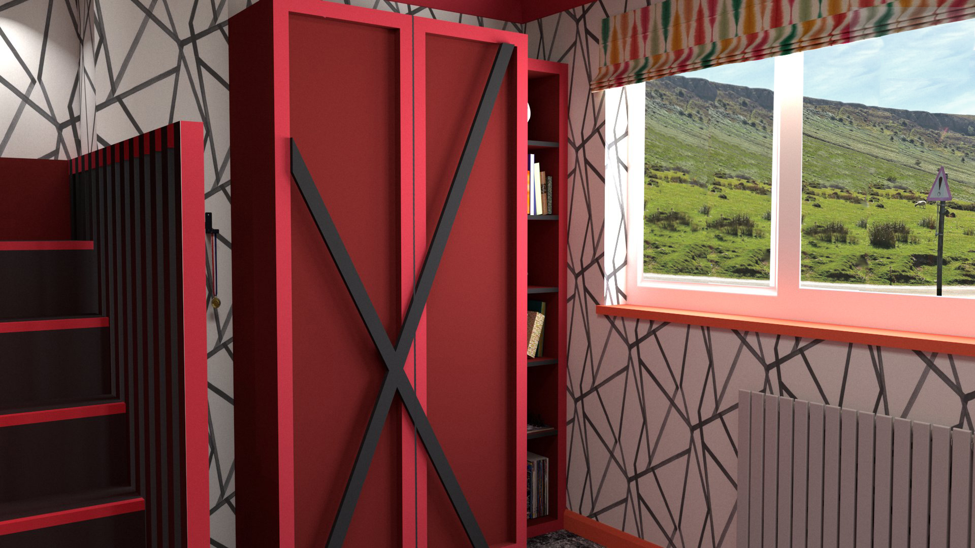 A render of a  red wardrobe with a bookcase to the side  