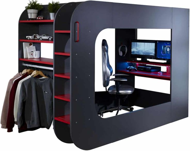 A cabin bed with gaming desk and chair underneath 