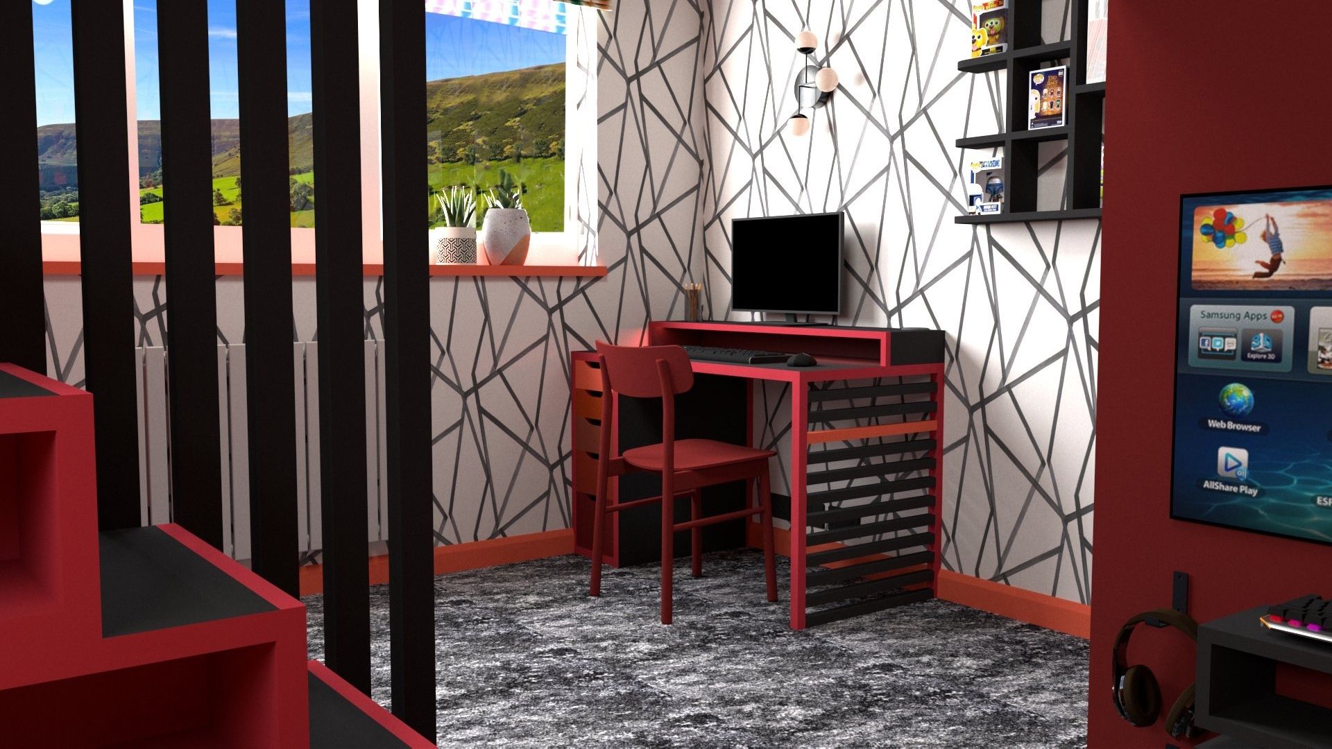 a render of a black and red desk 