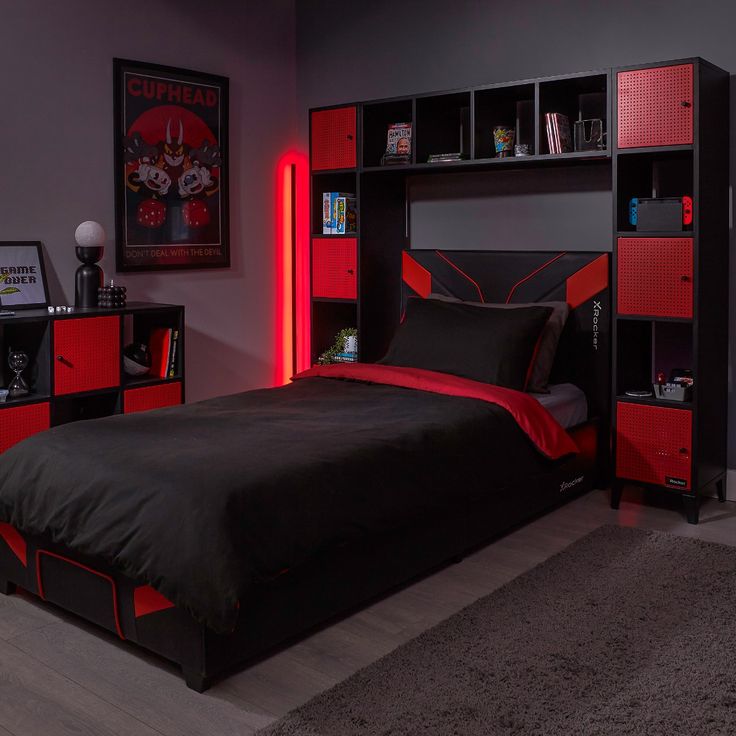 A red and black bedroom with matching storage 