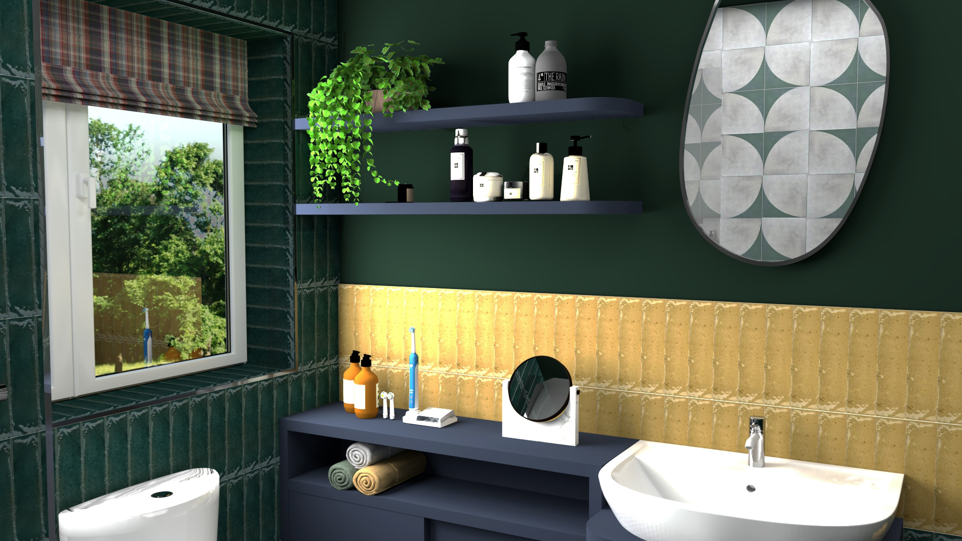 A rendered image of a bathroom with yellow tiles, dark green walls and navy shelving 