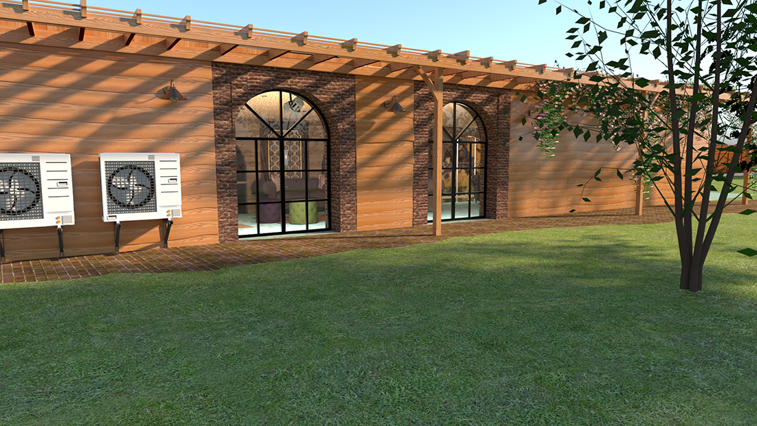 A render of a 3D model showing the exterior of the building with the arched French doors.