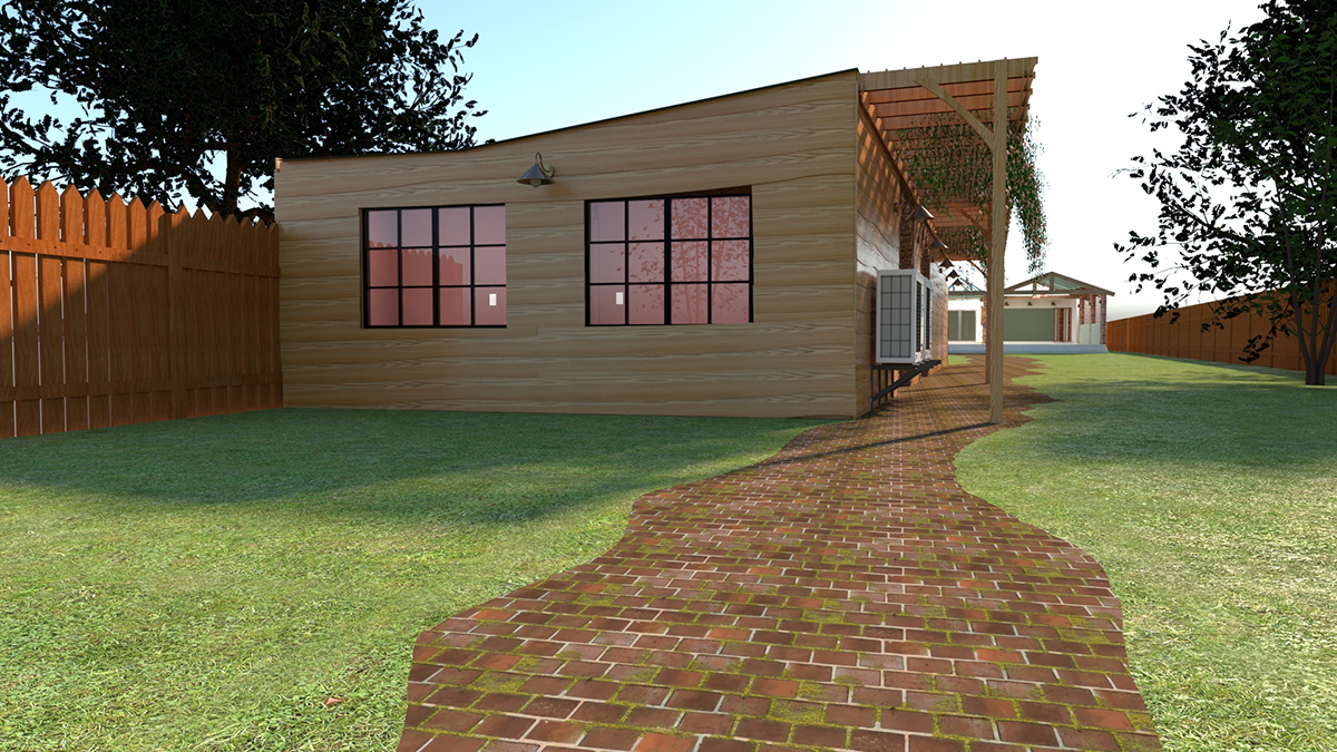A render of a 3D model showing the windows at the back of the building.