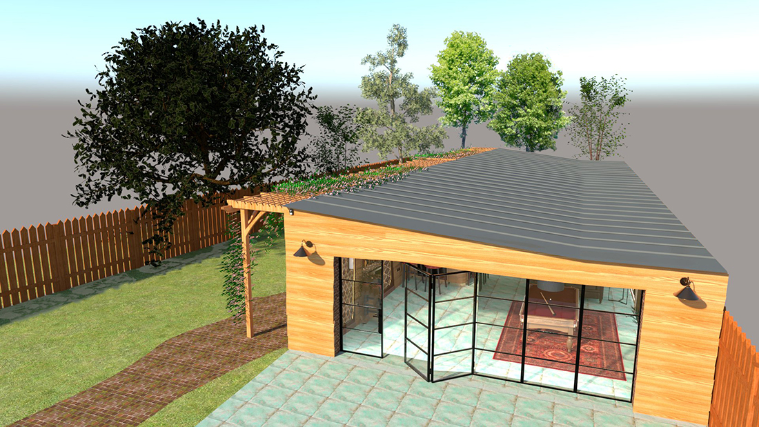 A render of a 2D model showing the exterior of the building and the flat roof.