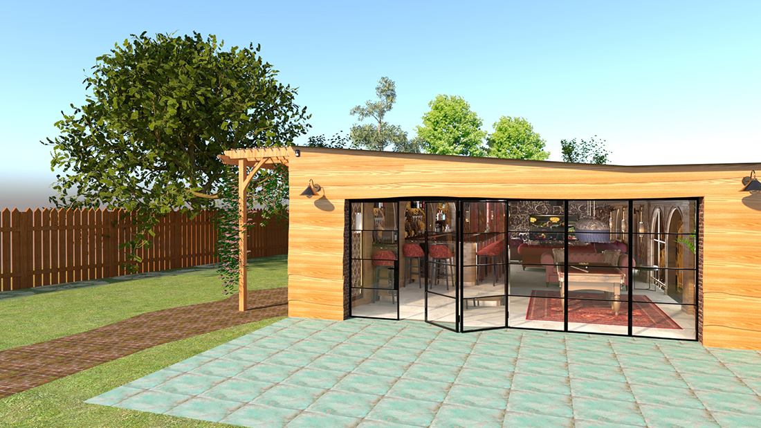 An image of the 3D computer model of the exterior of the building showing a larch clad garden room with bifold doors.
