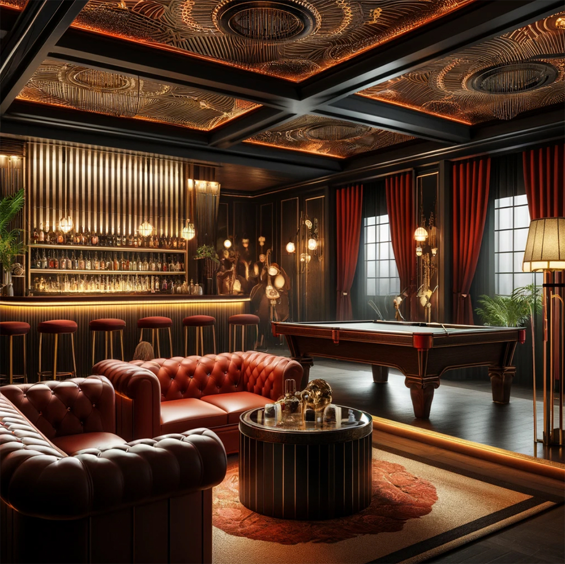 An AI generated image produced from my clients prompts showing a sumptuous interior with dark woods and rich reds.