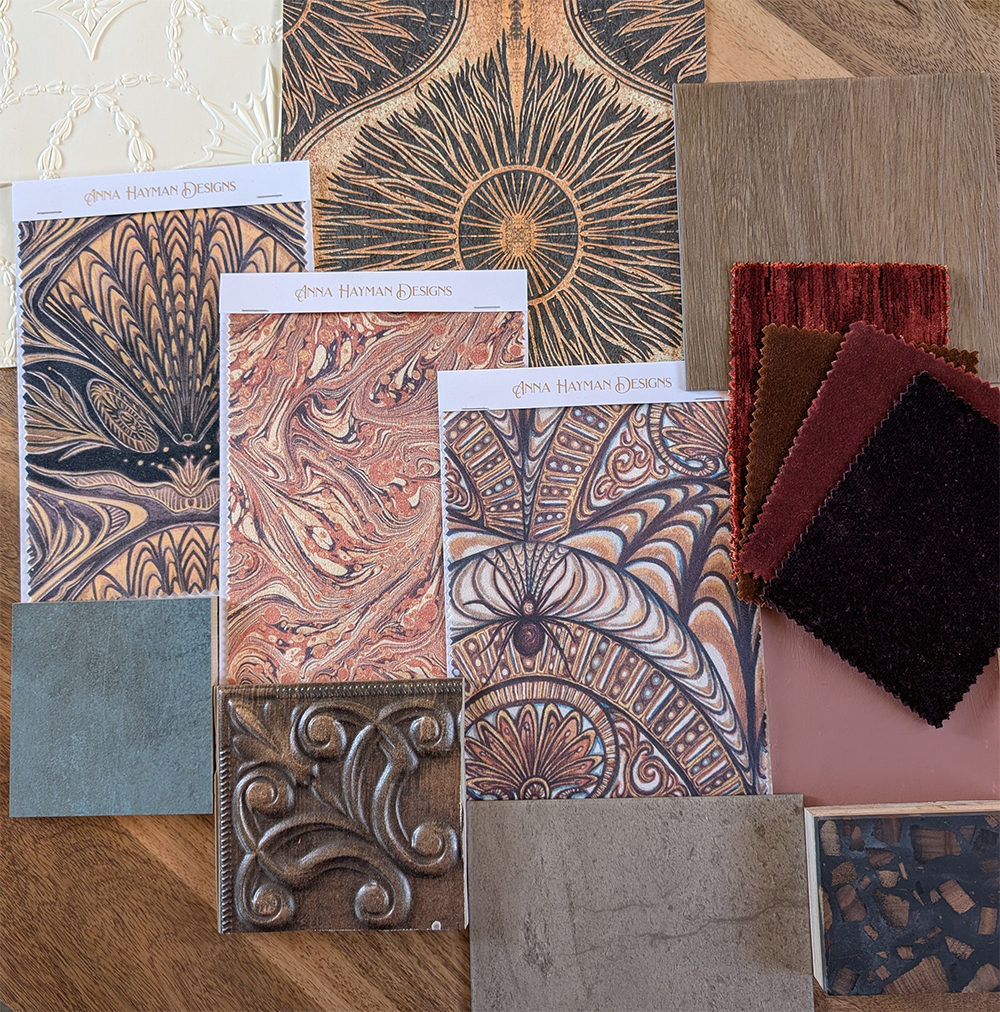 A photo of samples of the finishes used in the scheme.