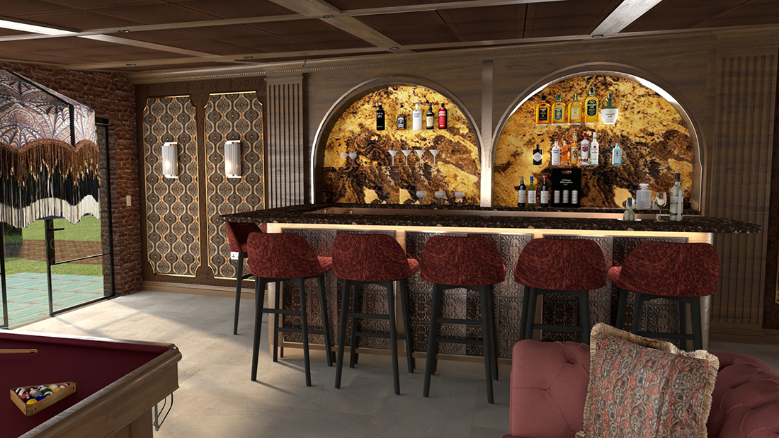 A render of the 3D model showing the bar area with backlit shelving.