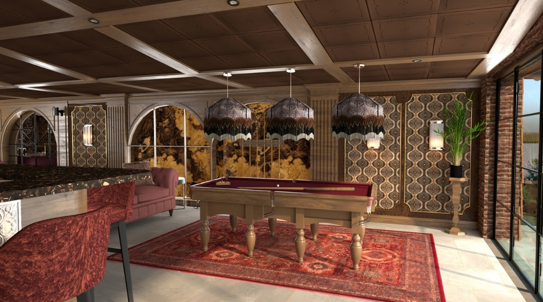 A render of the 3D model showing the arches with recessed areas for cue storage.