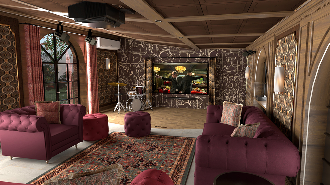A render of the 3D model showing the curtains open and the projector screen.