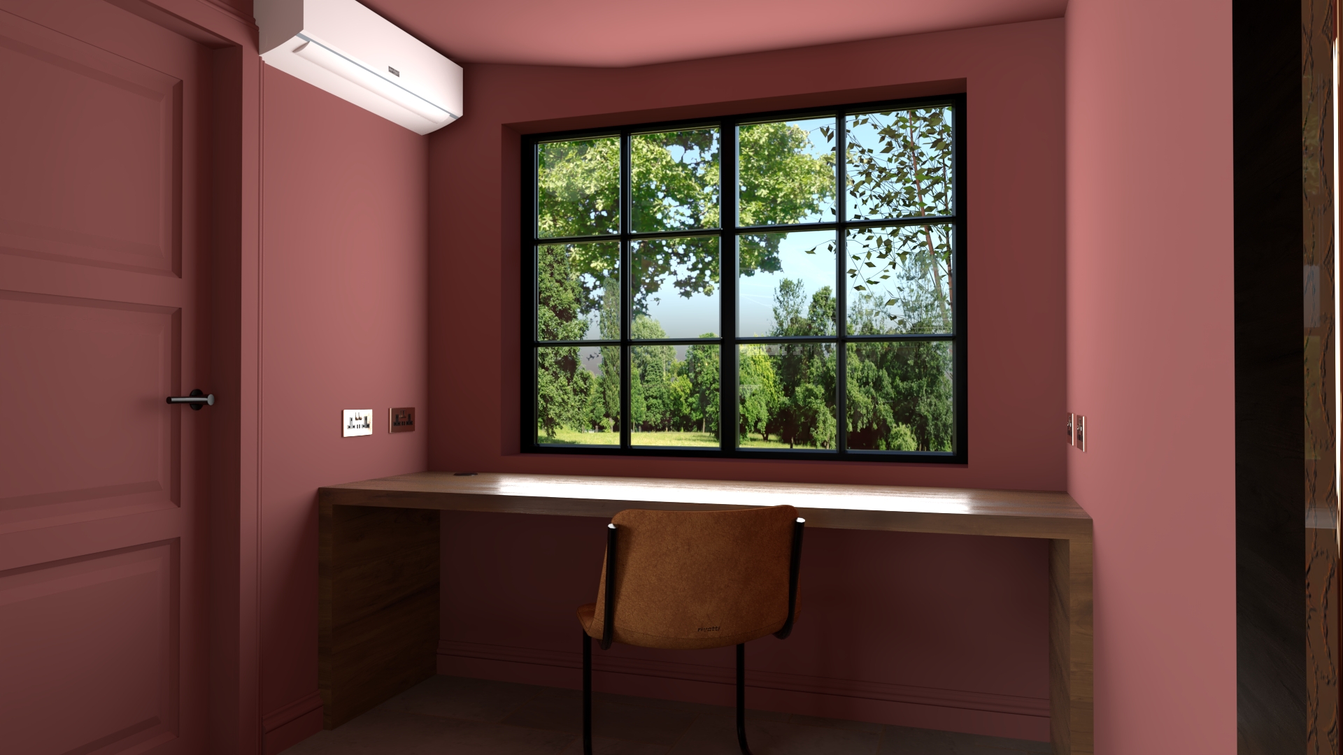 A render of the 3D model showing the office room with walnut desk.