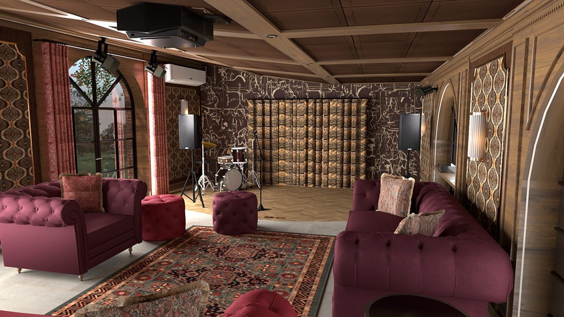 A render of the 3D model showing the stage area and the arched French doors.