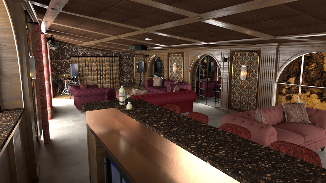 A render of the 3D model showing the stage area with curtains behind.