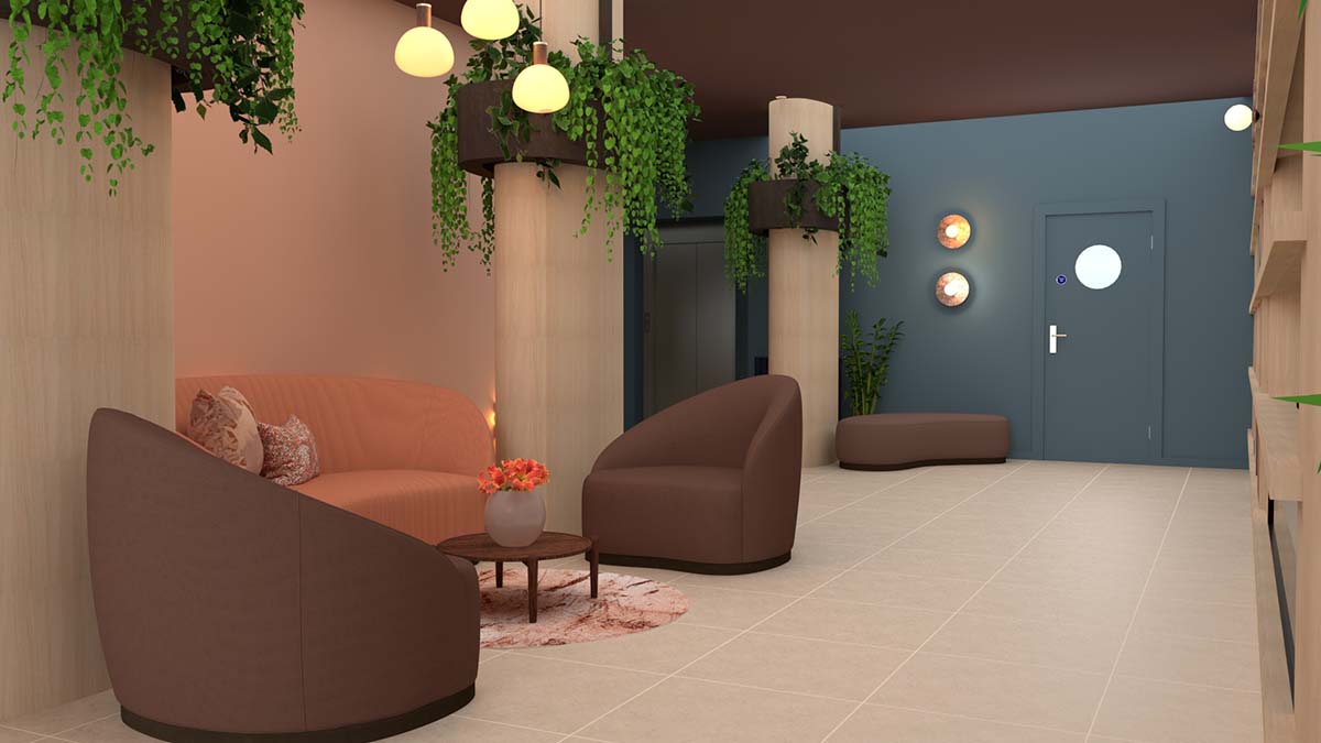 Our design with the seating area relocated between the pillars.