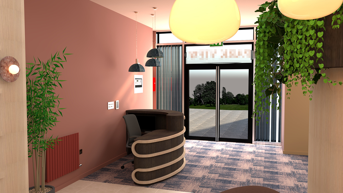 A render showing the desk design with two different heights.