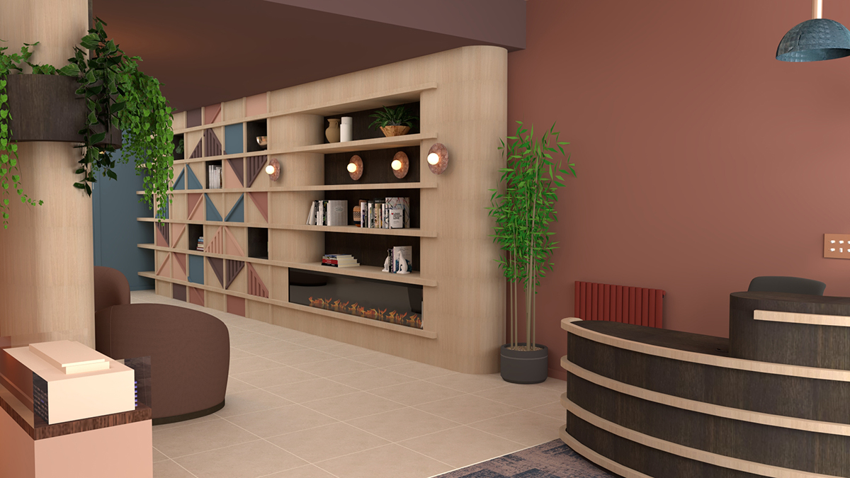 A render showing the design for the parcel storage with built in fireplace.