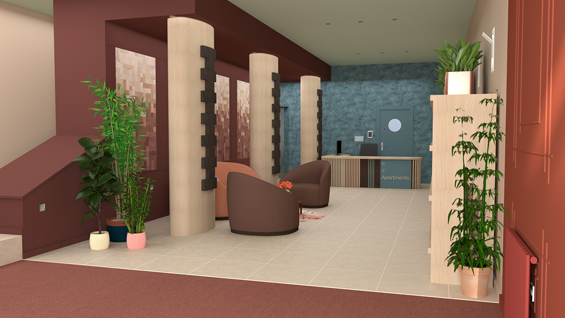 A 3D visual of our concept two design for the lobby, looking towards the new concierge desk.