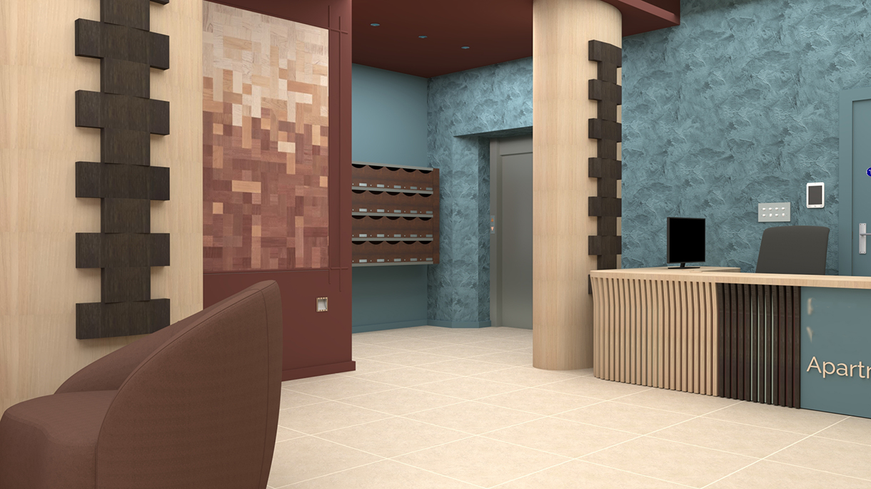 A 3D visual of the view towards the desk and mailbox in concept 2.