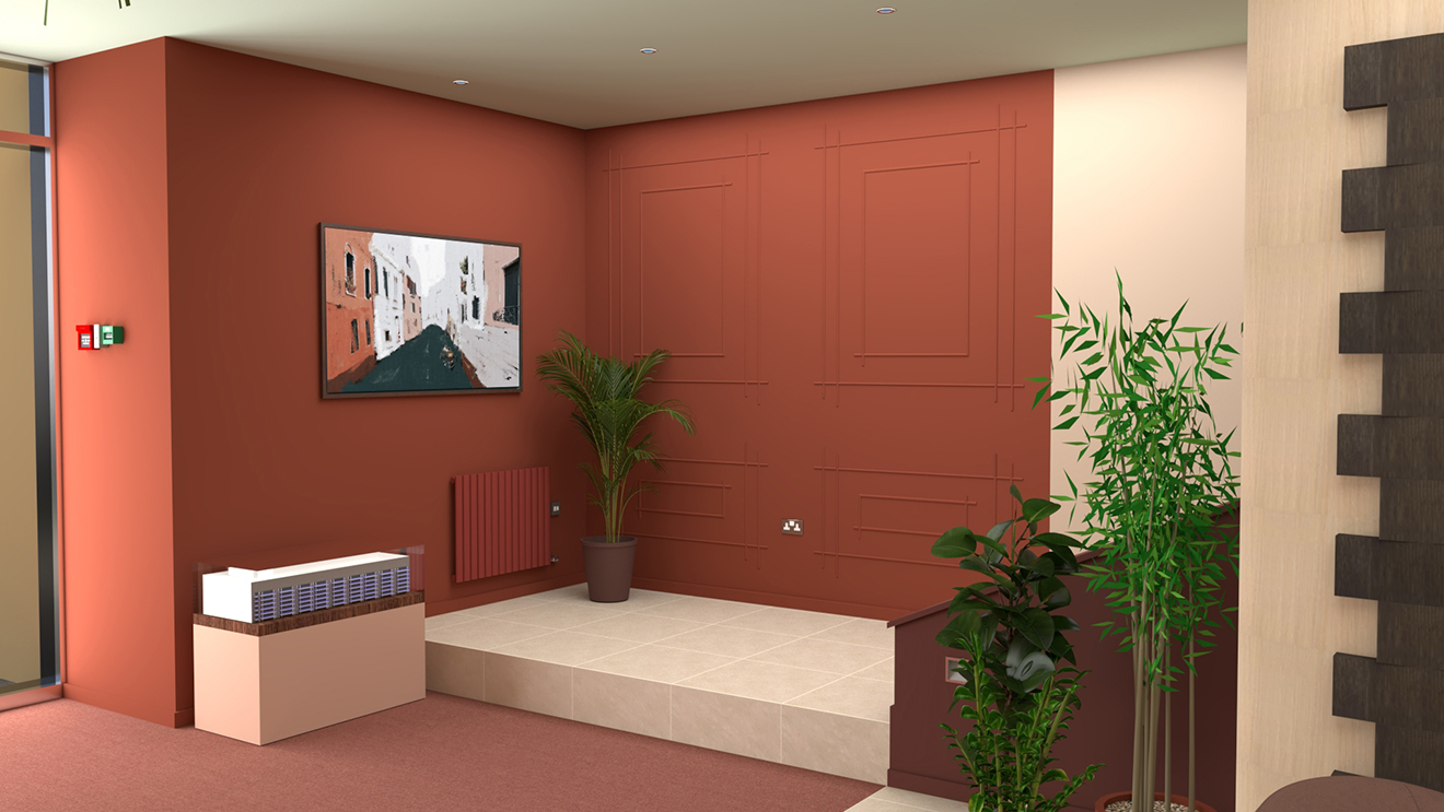 A 3D visual of concept 2 - the area at the bottom of the stairs.