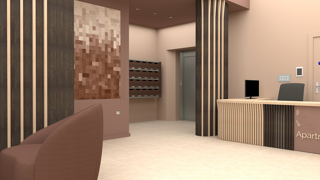 A 3D visual of the view towards the desk and mailbox in concept 3.