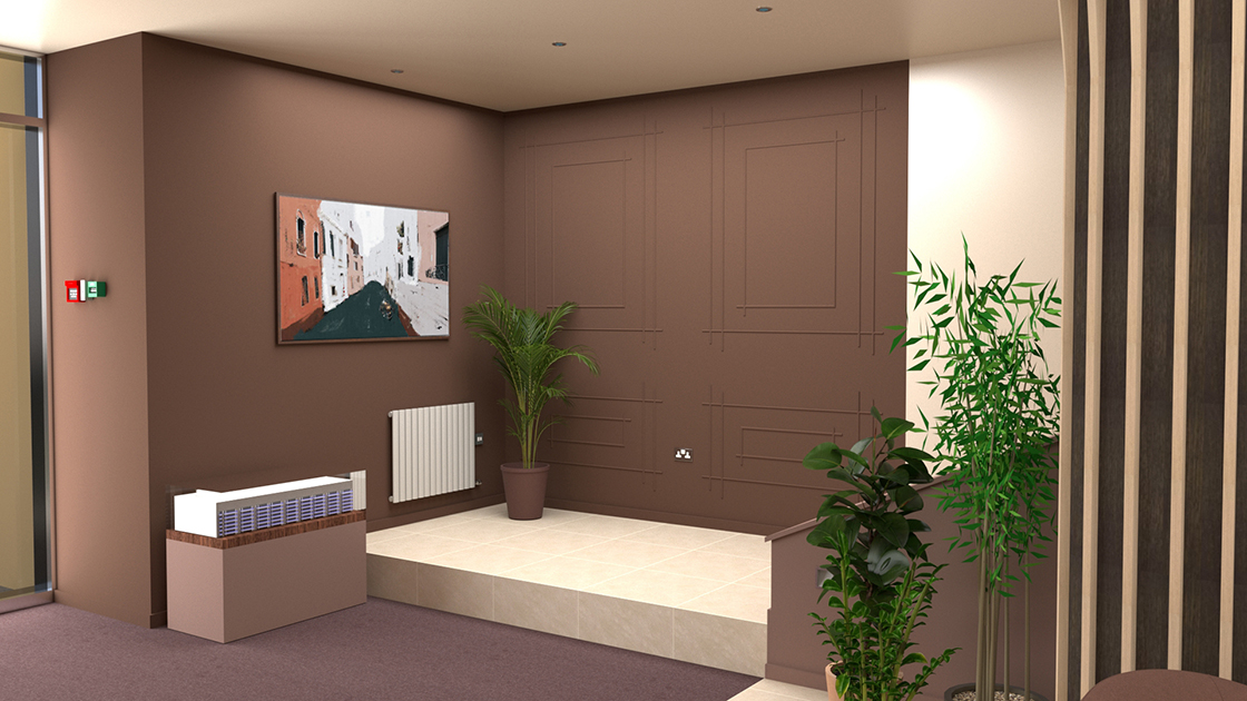 A 3D visual of concept 3 - the area at the bottom of the stairs.