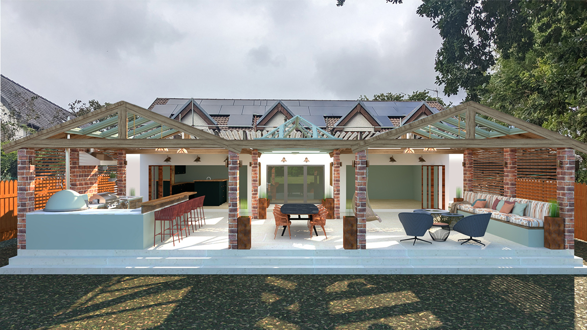 A photoshopped image of a large outdoors covered kitchen/dining area 