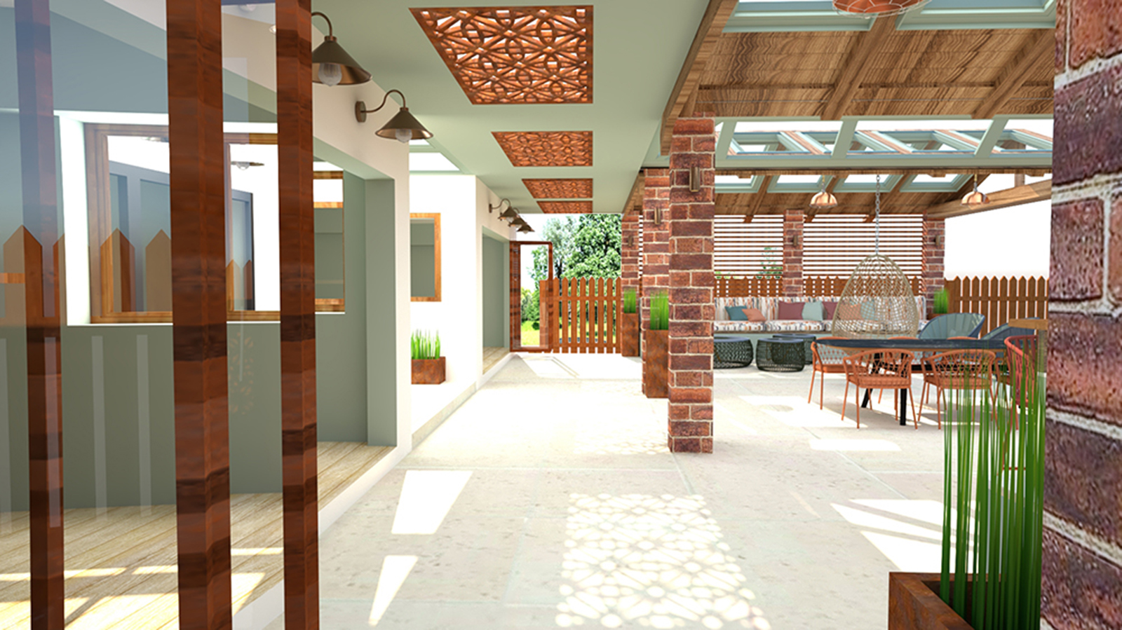 A rendered image of a covered external seating area with downward facing wall lights 