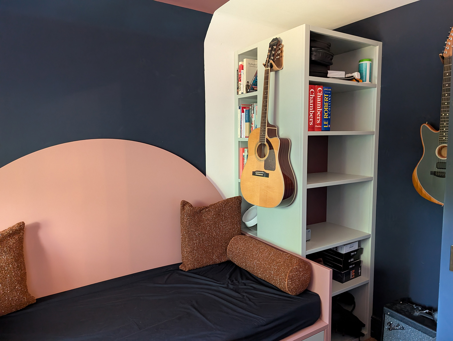 A new build home office with colour blocked walls