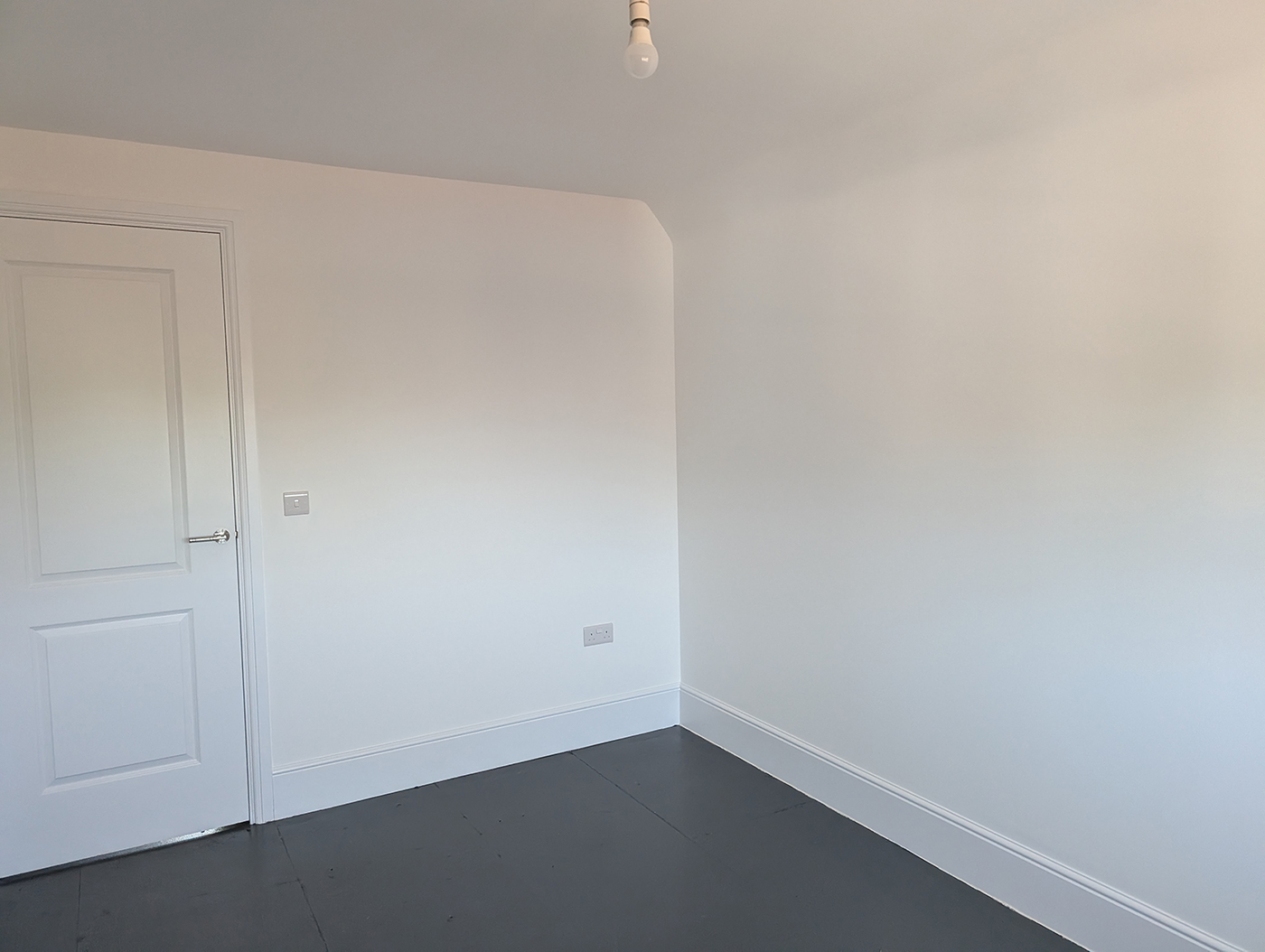 A new build guest bedroom with white walls