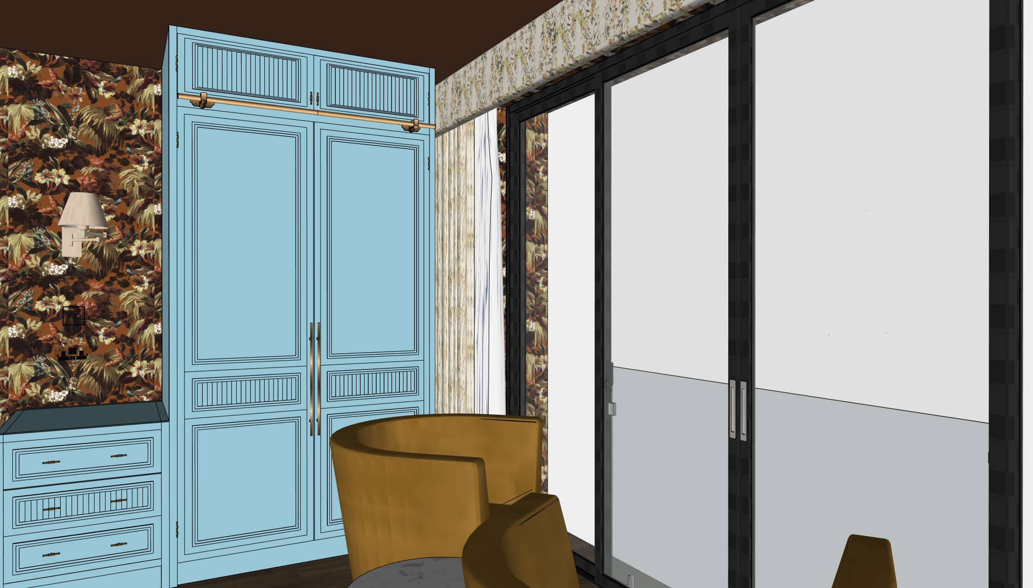 A 3D model showing the wardrobe with the space for the curtains to be pulled back.