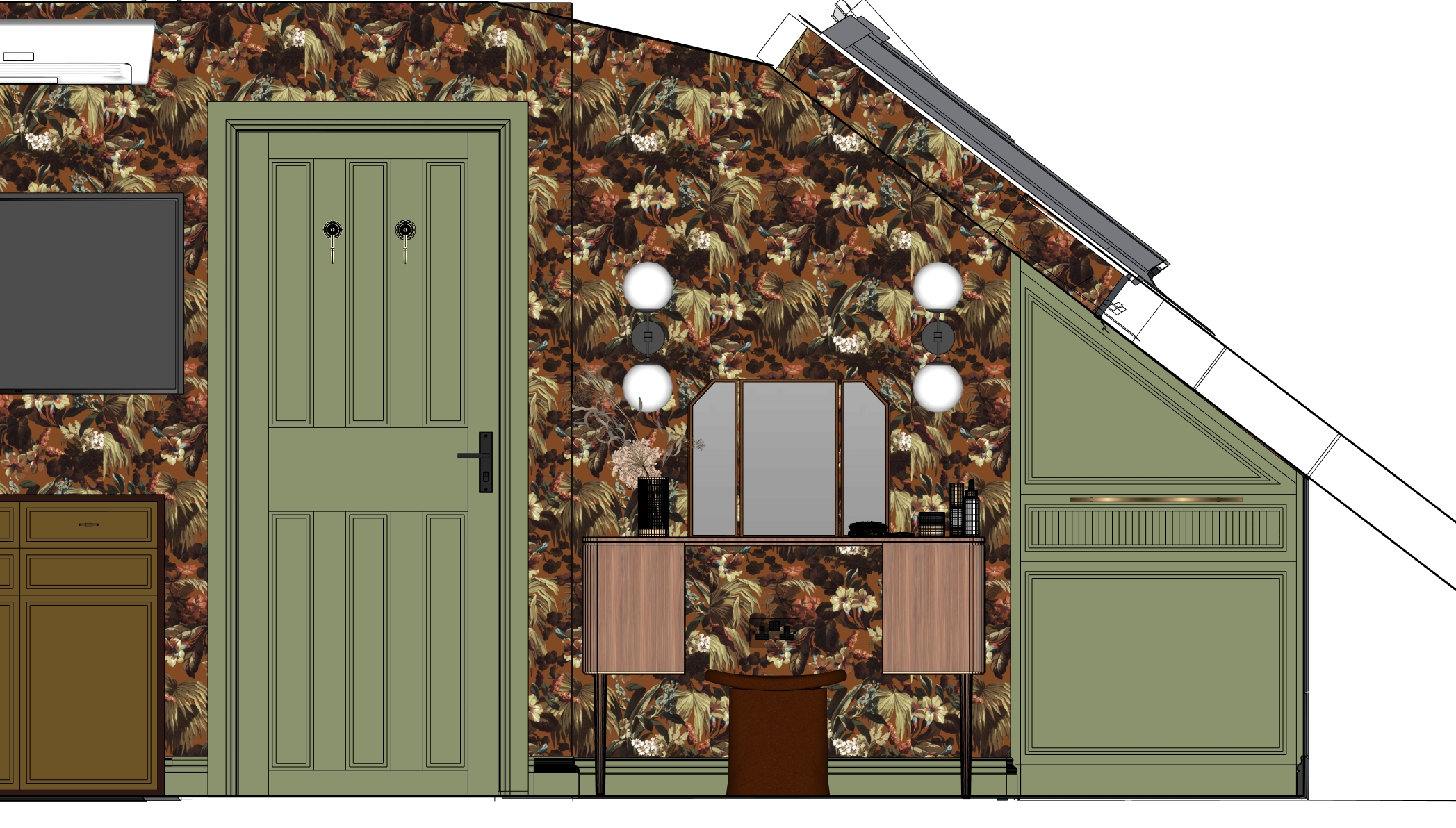 A drawing of the dressing table area showing the lights on either side of the mirror.