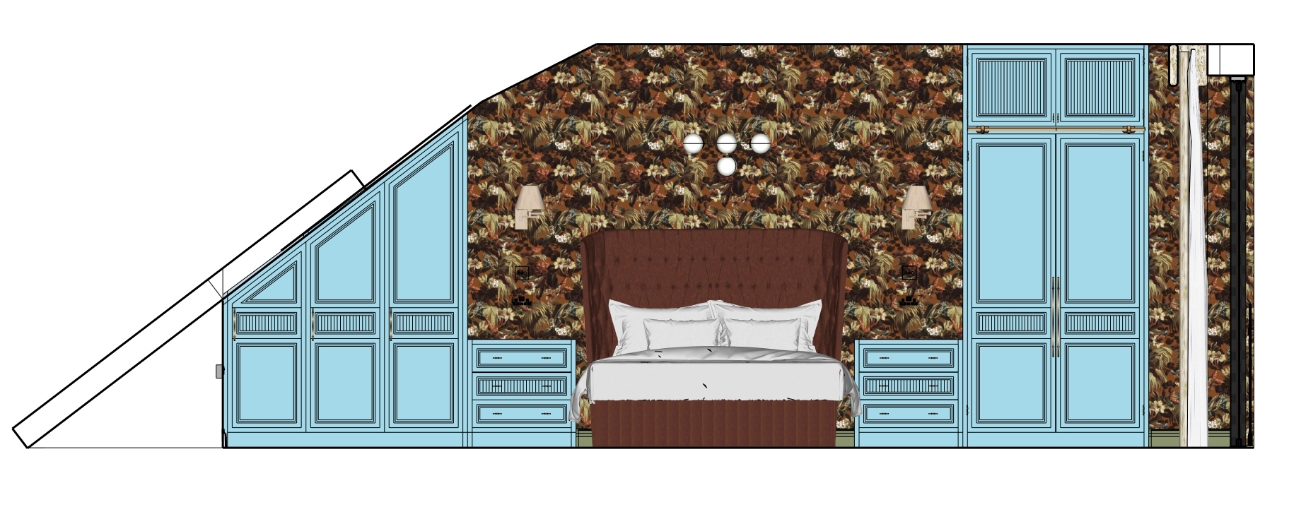 A technical drawing showing the wardrobes with the door design.