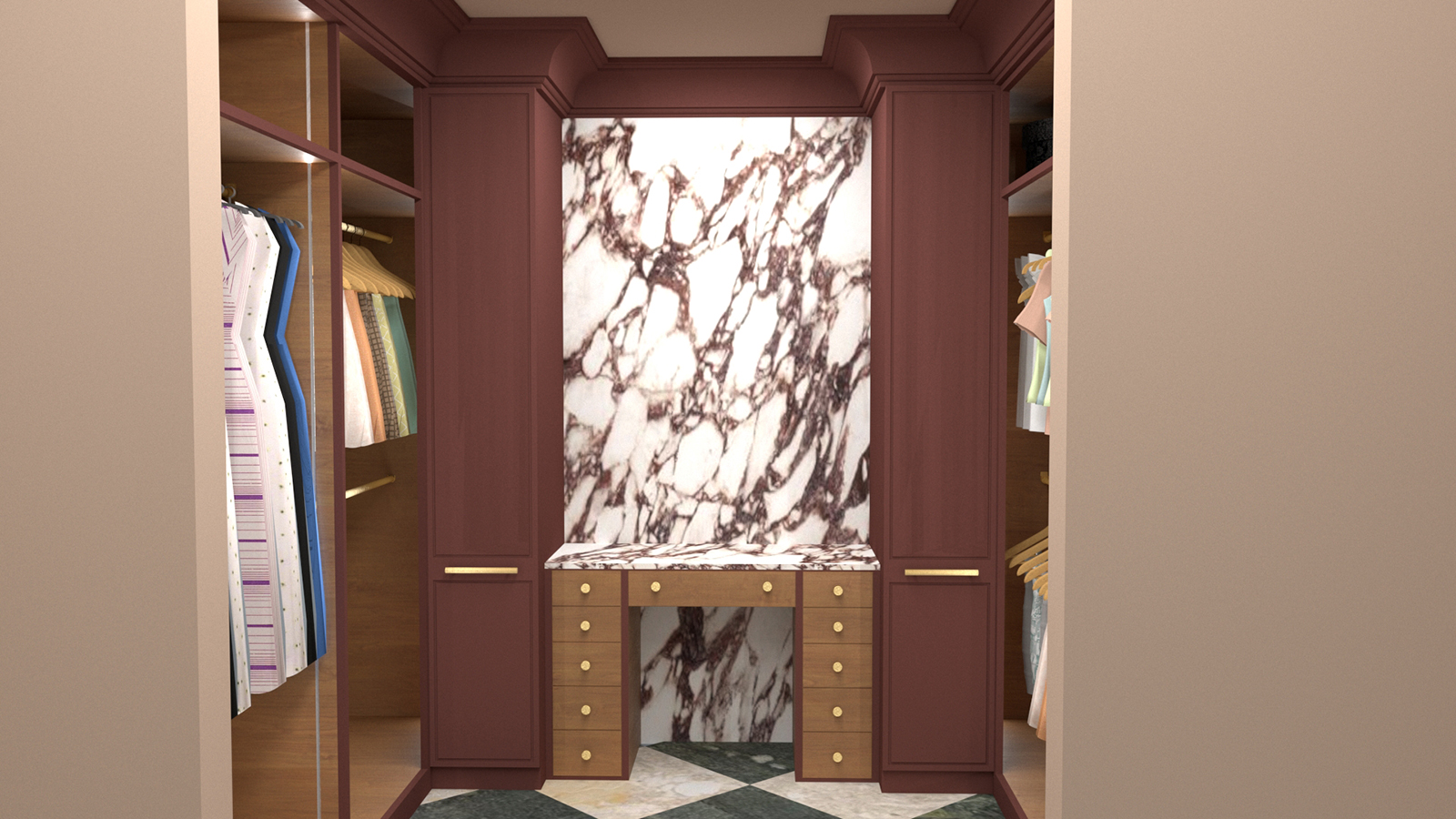 A computer generated image of our design for the dressing table area.