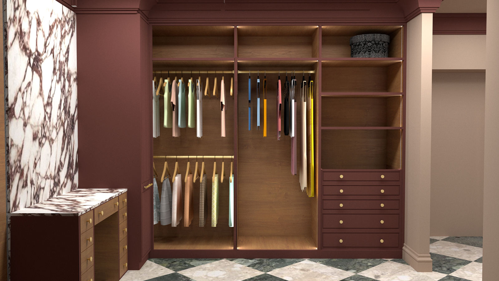 A computer generated image of the hanging storage in the dressing room.