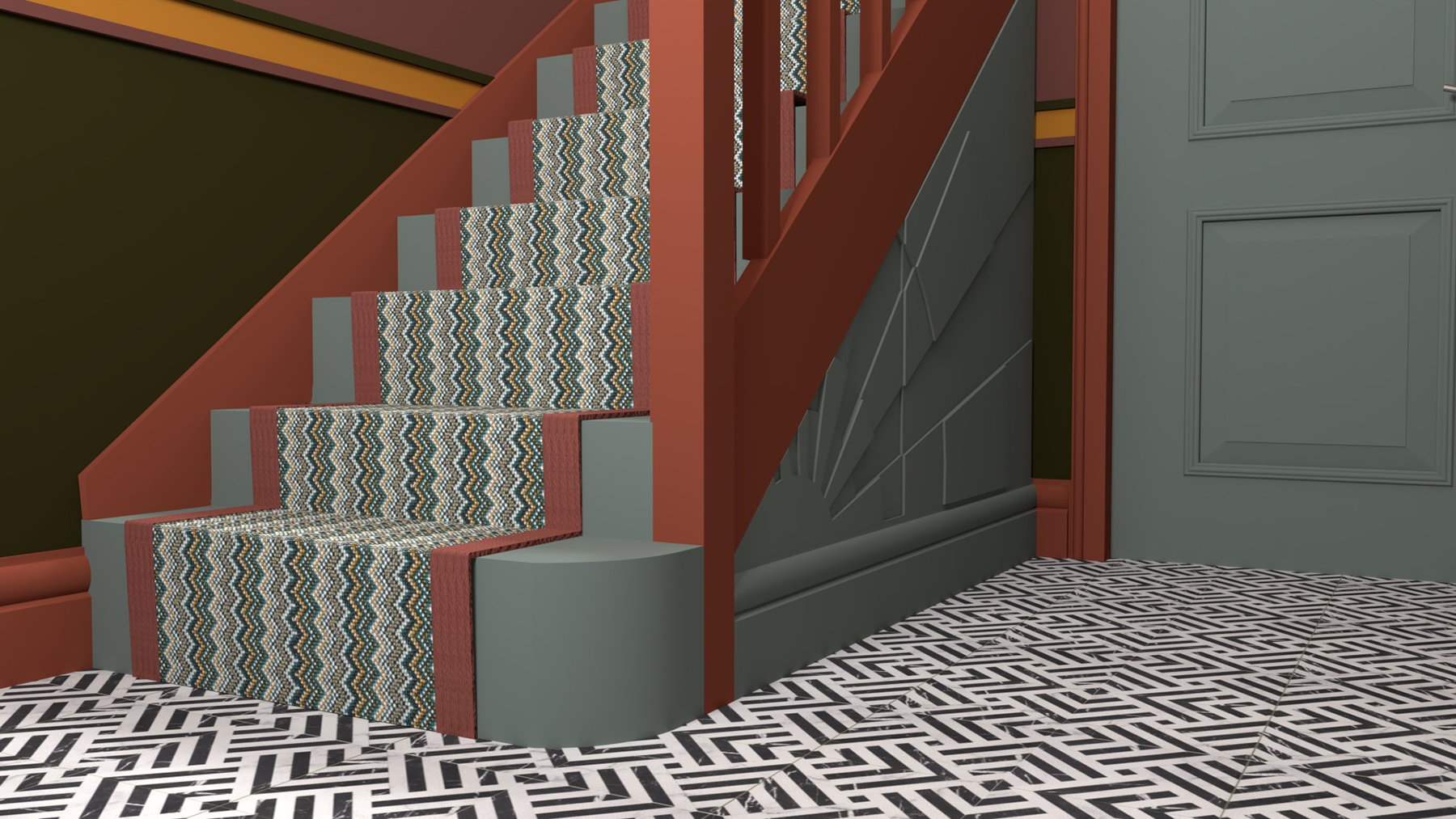 A computer generated image of the storage in the hallway.