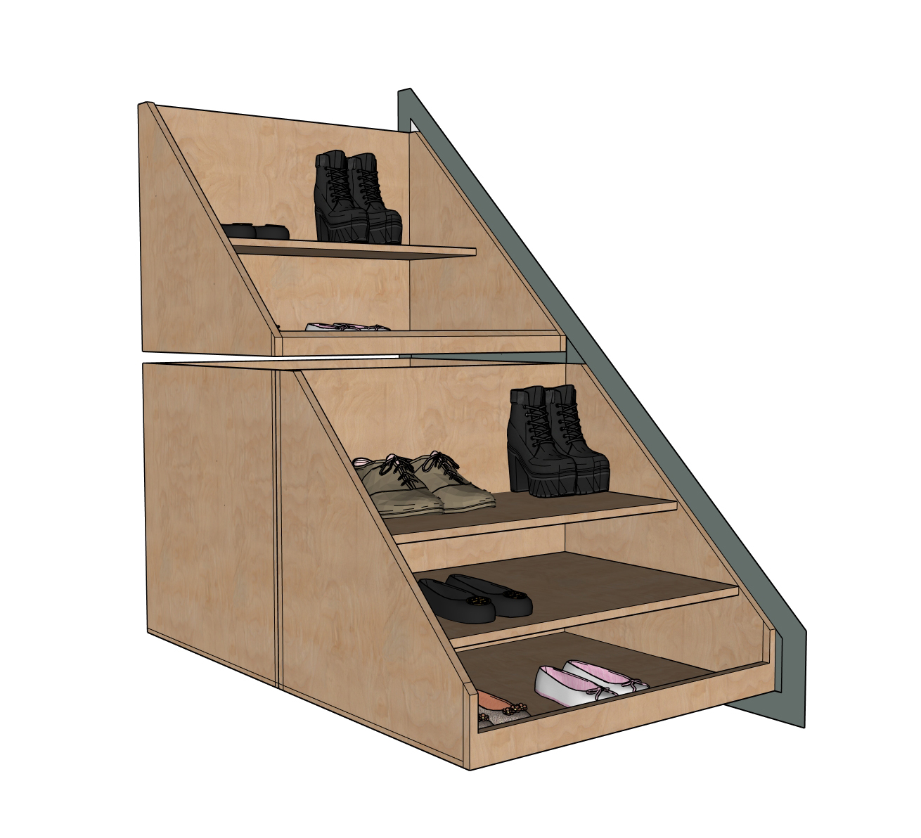 A drawing of all three drawers of the shoe storage.
