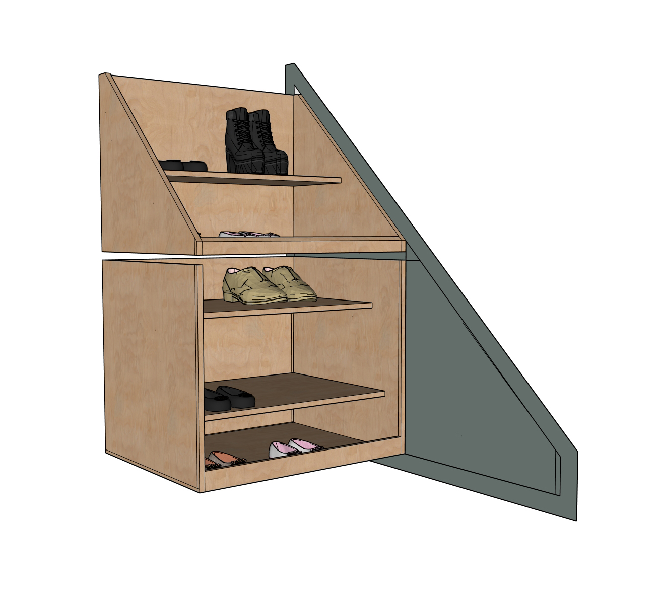 A drawing showing the top two drawers of the understair shoe storage